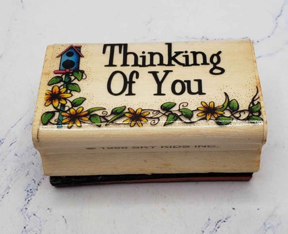 Thinking of You Birdhouse Flowers Garden Sky Kids Wood Mounted Rubber Stamp